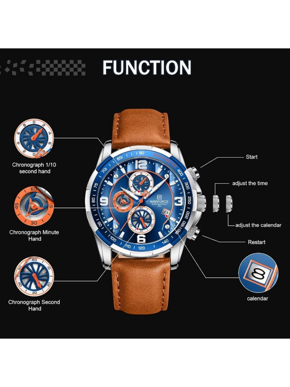 Men's Blue Brown Analog Quartz Chronograph Leather Strap Fashion Wrist Watch - Picture 3 of 6